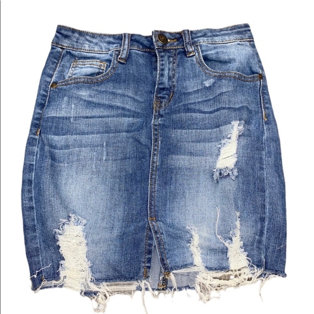 Machine Pour Neuf Mode Denim Jean Skirt Frayed Distressed Slit Sz SMALL …